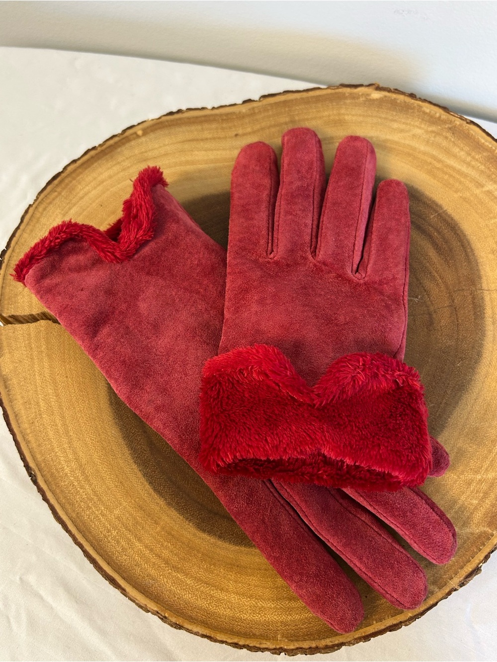 Aris Isotoner Red Genuine Leather Suede Faux Fur Cuff Gloves XL